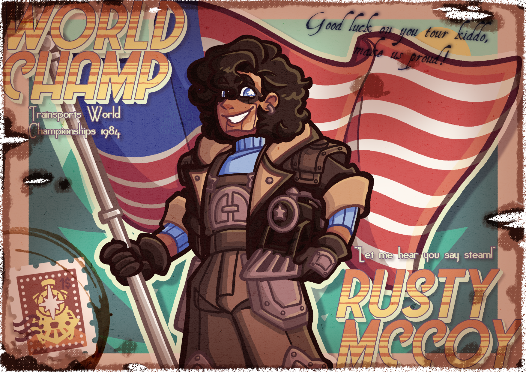 An old postcard commerating Rusty winning the world championship race. Rusty poses front and center holding an American flag and his racing helmet tucked under his arm, written across the top and bottom of the card is 'WORLD CHAMP RUSTY MCCOY!'